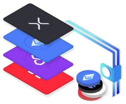 Isometric illustration of stacked crypto wallet cards